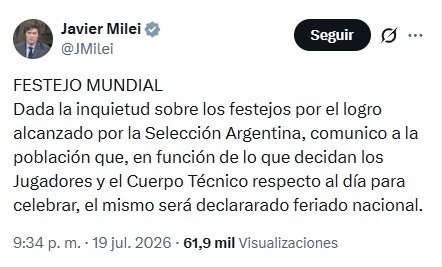 Milei anunció que declarará feriado nacional el día de los festejos por el subcampeonato de la Selección Argentina
